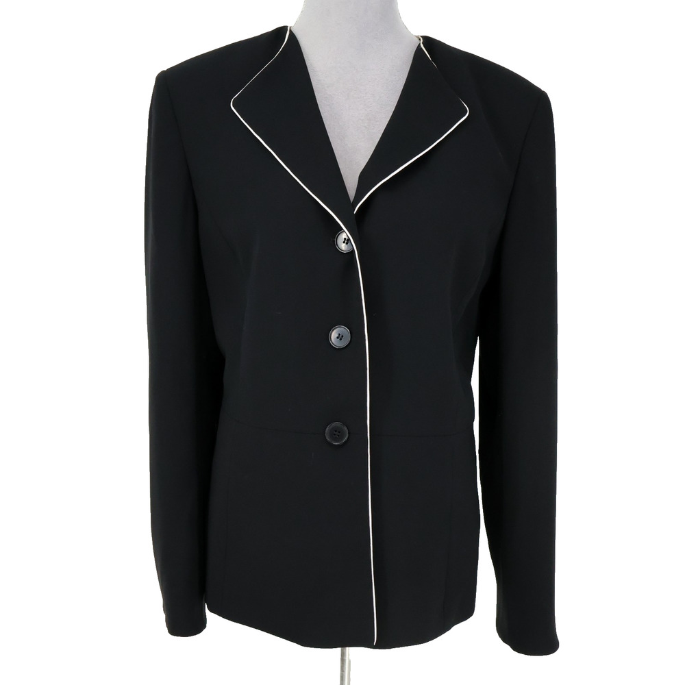 Kasper Jacket Womens 16 Black White Trim Lined Blazer Preppy Academia Career